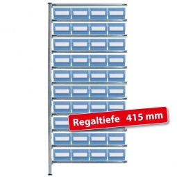 Fachbodensteck-Anbauregal, BxTxH 1000x415x2000 mm, 11 Böden, mit 40 Regalkästen LxBxH 400x234x140 mm, Farbe hellblau