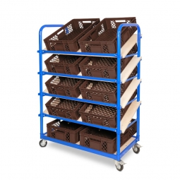 Schrägboden-Regalwagen mit 5 Ebenen, BxTxH 1050x500x1450 mm, 4 Lenkrollen, 2 Rollen mit Feststellbremse, bestückt mit 10 Euroboxen BxTxH 600x400x150 mm, durchbrochen, mit Durchfassgriffen