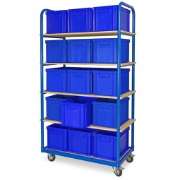Etagenwagen mit 5 Ebenen, BxTxH 1050x500x1880 mm, 2 Lenk- (mit Feststellbremse) u. 2 Bockrollen, bestückt mit 15 Euroboxen BxTxH 400x300x280 mm, mit Griffleisten