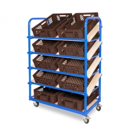 Schrägboden-Regalwagen mit 5 Ebenen, BxTxH 1050x500x1450 mm, 2 Lenk- (mit Feststellbremse) u. 2 Bockrollen, bestückt mit 10 Euroboxen BxTxH 600x400x150 mm, durchbrochen, mit Durchfassgriffen