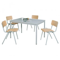 5-teilige Sitzgruppe: 4 Stahlrohr-Stühle + 1 Kantinentisch, LxBxH 1200x800x750 mm, lichtgrau