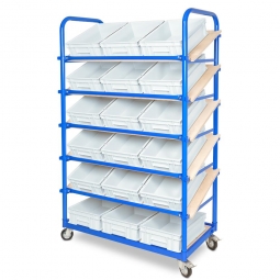 Schrägboden-Regalwagen mit 6 Ebenen, BxTxH 1050x500x1690 mm, 4 Lenkrollen, 2 Rollen mit Feststellbremse, bestückt mit 18 Euroboxen BxTxH 400x300x120 mm, mit Griffleisten