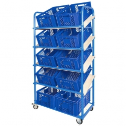 Schrägboden-Regalwagen mit 5 Ebenen, BxTxH 1050x500x1880 mm, 2 Lenk- (mit Feststellbremse) u. 2 Bockrollen, bestückt mit 10 Euroboxen BxTxH 600x400x240 mm, durchbrochen, mit Durchfassgriffen
