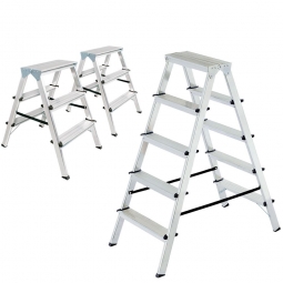 Alu-Doppelleiter-Set, 2x Alu-Stufenleiter mit 2x 3 Stufen + 1x Alu-Stufenleiter mit 2x 5 Stufen