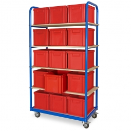 Etagenwagen mit 5 Ebenen, BxTxH 1050x500x1880 mm, 2 Lenk- (mit Feststellbremse) u. 2 Bockrollen, bestückt mit 15 Euroboxen BxTxH 400x300x280 mm, mit Griffleisten
