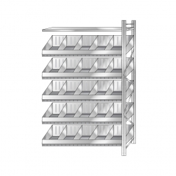 Schüttgut-Anbauregal, BxTxH 1510x525x3000 mm, 5 Ebenen, 20 Schüttfächer, 3 Fachböden, glanzverzinkt