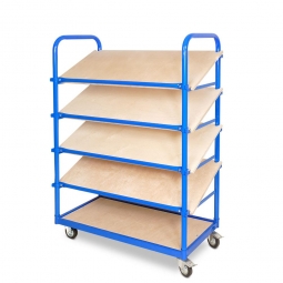 Schrägboden-Regalwagen mit 5 Ebenen, BxTxH 1050x500x1450 mm, 2 Lenk- (mit Feststellbremse) u. 2 Bockrollen