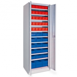 Schrank mit Regalkästen rot, LxBxH 400x91x81 mm + blau, LxBxH 400x183x81 mm, Türen in lichtgrau RAL 7035