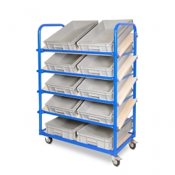 Schrägboden-Regalwagen mit 5 Ebenen, BxTxH 1050x500x1450 mm, 2 Lenk- (mit Feststellbremse) u. 2 Bockrollen, bestückt mit 10 Euroboxen BxTxH 600x400x120 mm, mit Griffleisten