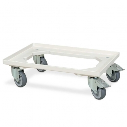 ABS-Kunststoff-Transportroller für 600x400 mm Eurobehälter, weiß, 4 Lenkrollen, 2 mit Feststellbremse, 100 mm Gummi-Rad, Deck offen, Tragkraft 250 kg