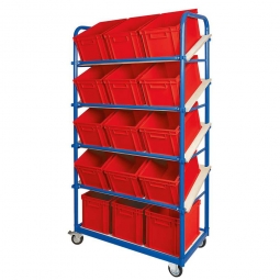 Schrägboden-Regalwagen mit 5 Ebenen, BxTxH 1050x500x1880 mm, 2 Lenk- (mit Feststellbremse) u. 2 Bockrollen, bestückt mit 15 Euroboxen BxTxH 400x300x235 mm, mit Griffleisten