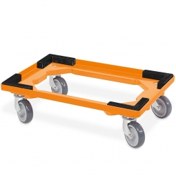 ABS-Kunststoff-Transportroller für 600x400 mm Drehstapelbehälter, orange, mit Stapelecken, 100 mm Gummi-Rad, Deck offen, Tragkraft 250 kg