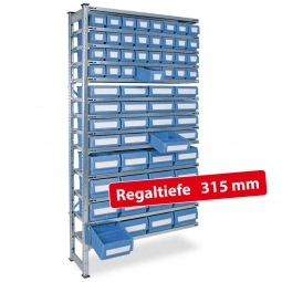 Fachbodensteck-Anbauregal, BxTxH 1000x315x2000 mm, 13 Böden, mit 64 Regalkästen, 3 Größen gemischt, Farbe hellblau