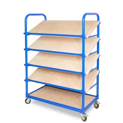 Schrägboden-Regalwagen mit 5 Ebenen, BxTxH 1050x500x1450 mm, 4 Lenkrollen, 2 Rollen mit Feststellbremse