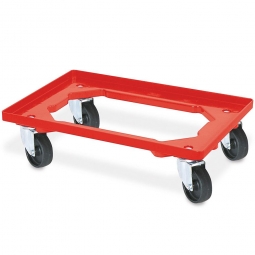 ABS-Kunststoff-Transportroller für 600x400 mm Eurobehälter, rot, Edelstahl Lenkrollen, 100 mm Kunststoff-Rad in schwarz, Deck offen, Tragkraft 250 kg