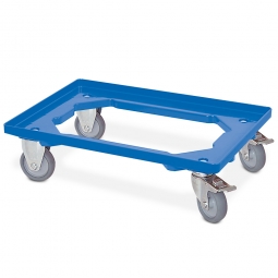 ABS-Kunststoff-Transportroller für 600x400 mm Eurobehälter, blau, 2 Bock- und 2 Lenkrollen mit Feststellbremse, 100 mm Gummi-Rad, Deck offen, Tragkraft 250 kg
