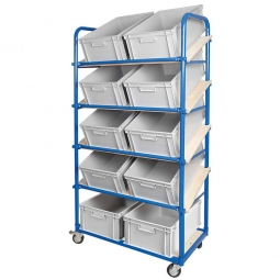 Schrägboden-Regalwagen mit 5 Ebenen, BxTxH 1050x500x1880 mm, 4 Lenkrollen, 2 Rollen mit Feststellbremse, bestückt mit 10 Euroboxen BxTxH 600x400x220 mm, mit Griffleisten