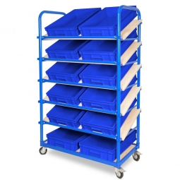 Schrägboden-Regalwagen mit 6 Ebenen, BxTxH 1050x500x1690 mm, 4 Lenkrollen, 2 Rollen mit Feststellbremse, bestückt mit 12 Euroboxen BxTxH 600x400x120 mm, mit Griffleisten