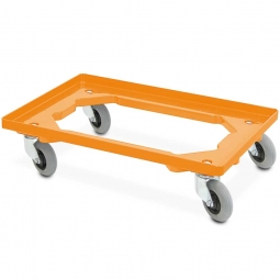 ABS-Kunststoff-Flüster-Roller für Euro-Stapelbehälter 600x400 mm, orange, 100 mm PU-Rad, Deck offen, Tragkraft 250 kg