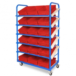 Schrägbodenregalwagen mit 6 Ebenen, BxTxH 1050x500x1690 mm, 2 Lenk- (mit Feststellbremse) u. 2 Bockrollen, bestückt mit 18 Euroboxen BxTxH 400x300x120 mm, mit Griffleisten