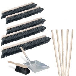 Besen-Spar-Set 12-teilig, 5x Roßhaar-Saalbesen Länge 1000 mm, 5x Besenstiel, Handfeger und verzinkte Kehrschaufel