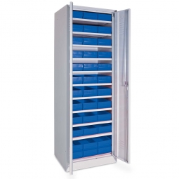 Schrank - BxTxH 600x500x1800 mm mit Türen in lichtgrau RAL 7035, 36x Regalkästen - LxBxH 400x183x81 mm in blau