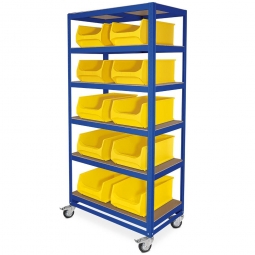 Kommissionierwagen mit 6 Ebenen, BxTxH 900x500x1905 mm, Tragkraft 200 kg, blau, bestückt mit 10 gelben Sichtboxen 