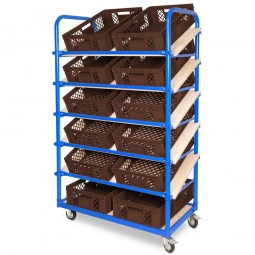 Schrägboden-Regalwagen mit 6 Ebenen, BxTxH 1050x500x1690 mm, 2 Lenk- (mit Feststellbremse) u. 2 Bockrollen, bestückt mit 12 Euroboxen BxTxH 600x400x150 mm, durchbrochen, mit Durchfassgriffen