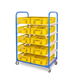 Etagenwagen mit 5 Ebenen, BxTxH 1050x500x1450 mm, 4 Lenkrollen, 2 Rollen mit Feststellbremse, bestückt mit 10 Euroboxen BxTxH 600x400x150 mm, durchbrochen, mit Durchfassgriffen
