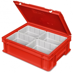 Euro-Deckelbehälter mit 4 Einsatzkästen, LxBxH 400x300x130 mm, rot
