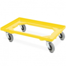 ABS-Kunststoff-Flüster-Roller für Euro-Stapelbehälter 600x400 mm, gelb, 100 mm PU-Rad, Deck offen, Tragkraft 250 kg