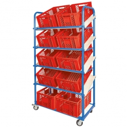Schrägboden-Regalwagen mit 5 Ebenen, BxTxH 1050x500x1880 mm, 4 Lenkrollen, 2 Rollen mit Feststellbremse, bestückt mit 10 Euroboxen BxTxH 600x400x240 mm, durchbrochen, mit Durchfassgriffen