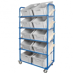 Schrägboden-Regalwagen mit 5 Ebenen, BxTxH 1050x500x1880 mm, 4 Lenkrollen, 2 Rollen mit Feststellbremse, bestückt mit 10 Euroboxen BxTxH 600x400x220 mm, mit Durchfassgriffen