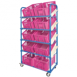 Schrägboden-Regalwagen mit 5 Ebenen, BxTxH 1050x500x1880 mm, 4 Lenkrollen, 2 Rollen mit Feststellbremse, bestückt mit 10 Euroboxen BxTxH 600x400x240 mm, durchbrochen, mit Durchfassgriffen