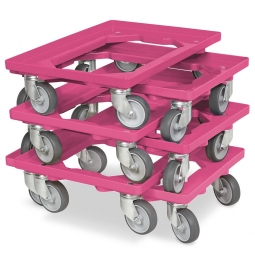 6x ABS-Kunststoff-Transportroller im Spar-Set, für Kästen, Körbe, Kartons 600x400 mm, violett, 100 mm Gummi-Rad, Deck offen, Tragkraft 250 kg